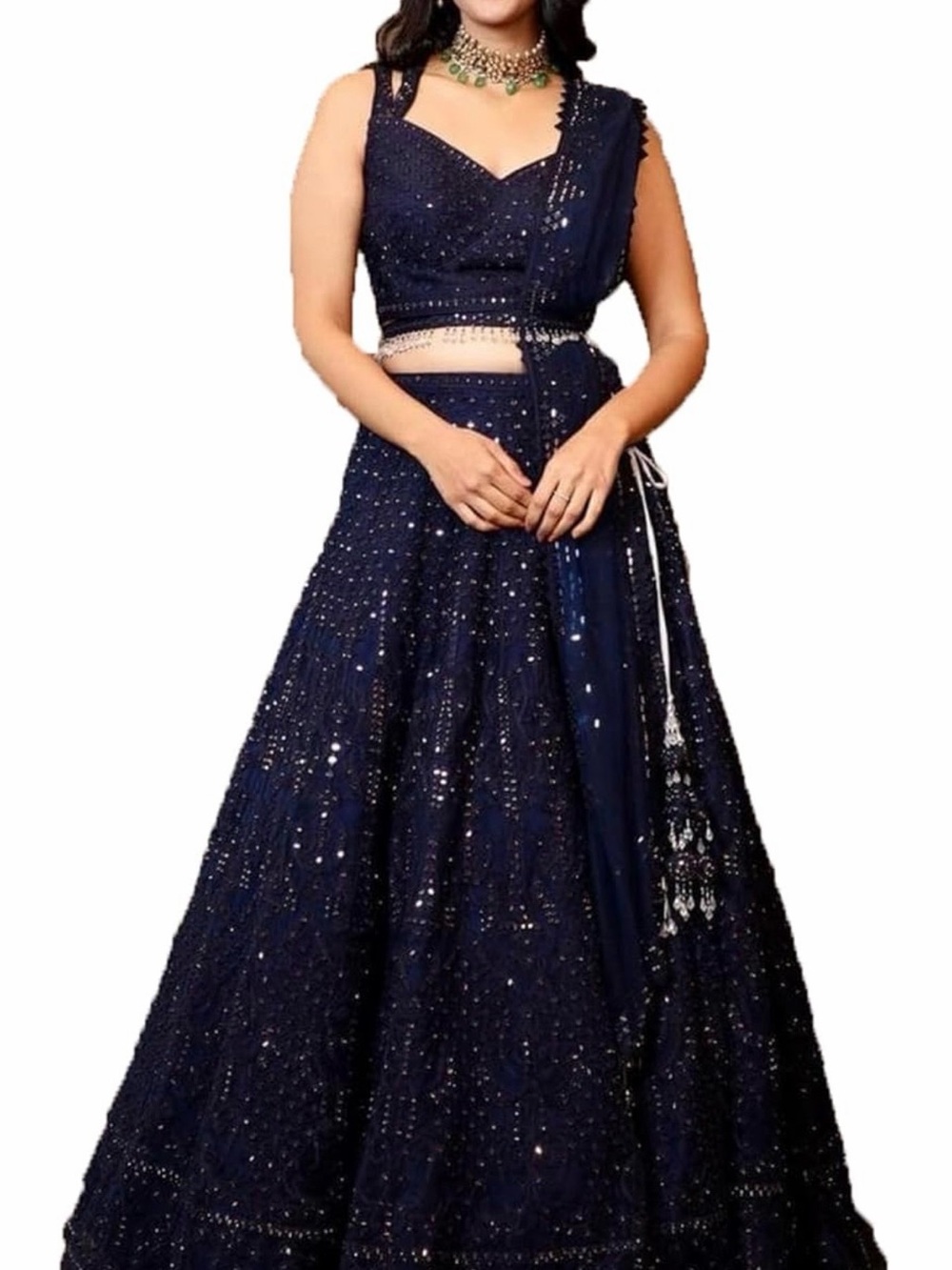 Midnight Blue Embellished A-Line Lehenga with Dupatta